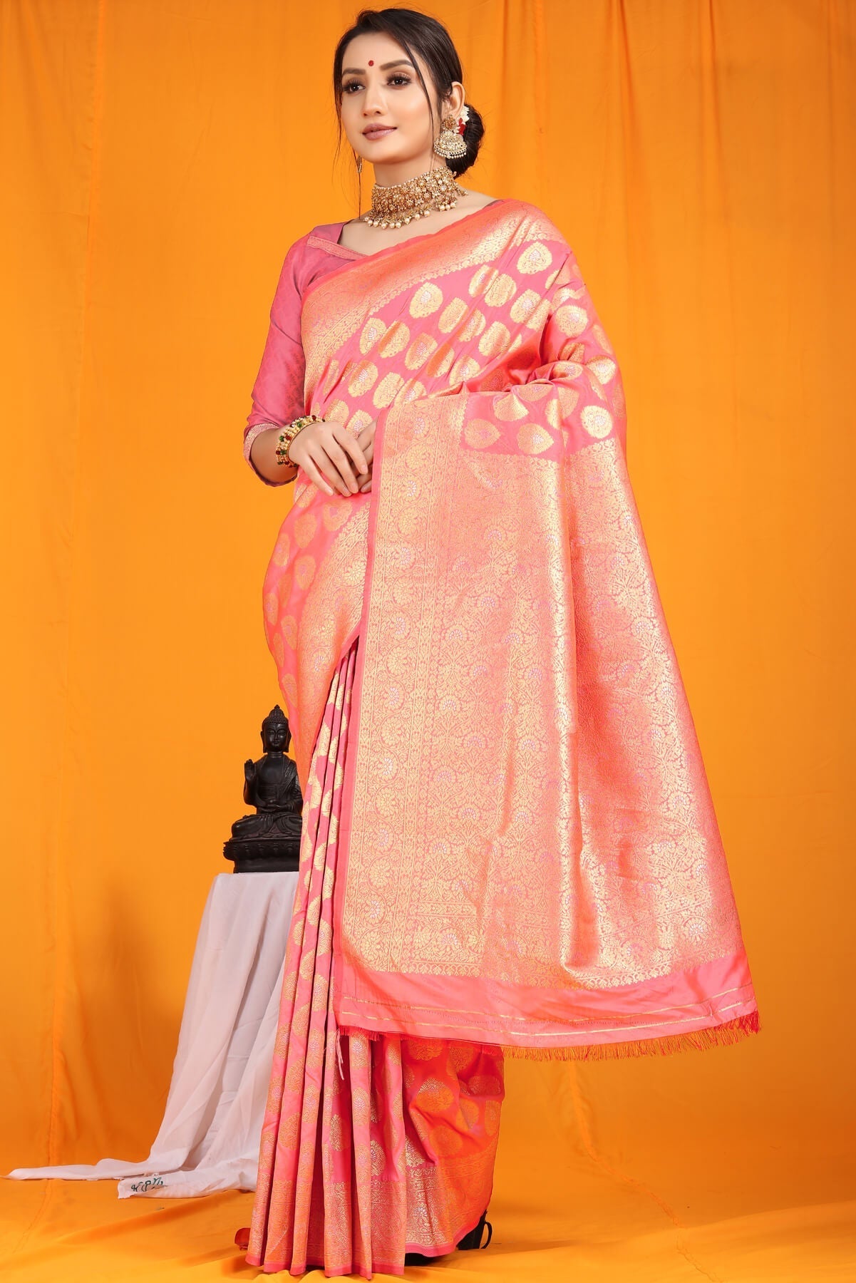 Intricate Pink Banarasi Silk Saree With Divine Blouse Piece