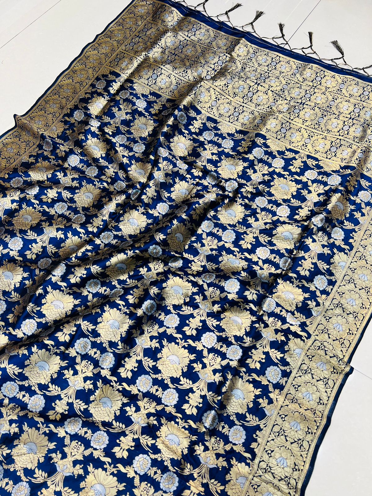 Capricious Navy Blue Banarasi Silk Saree With Fairytale Blouse Piece