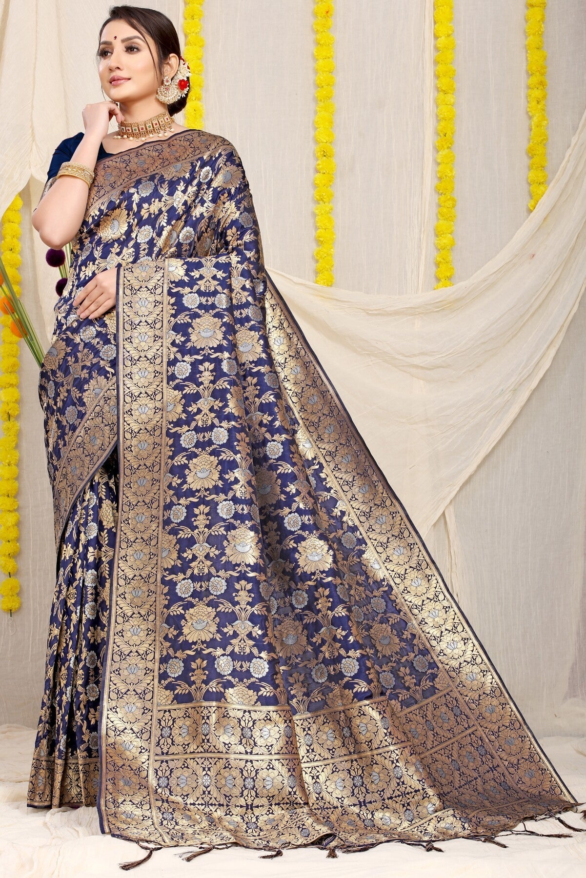 Capricious Navy Blue Banarasi Silk Saree With Fairytale Blouse Piece