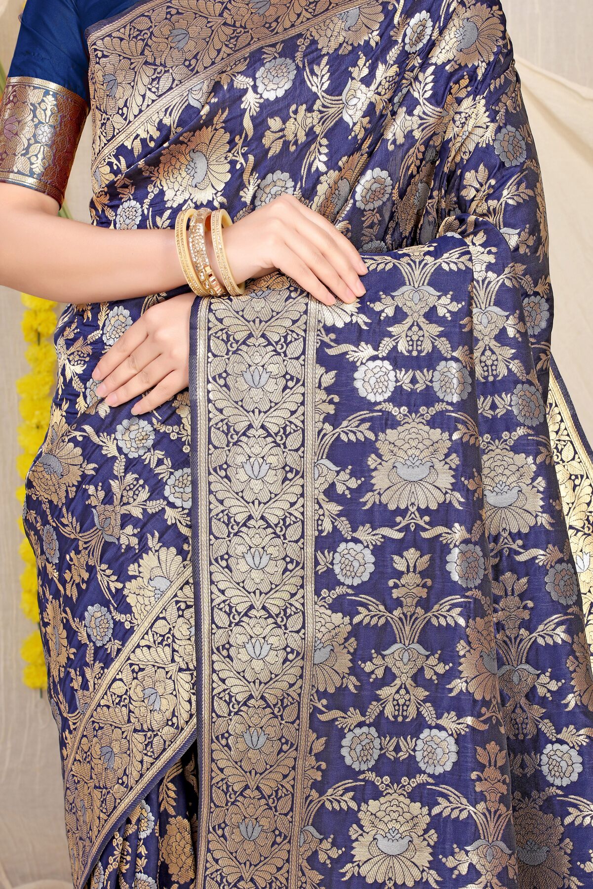 Capricious Navy Blue Banarasi Silk Saree With Fairytale Blouse Piece