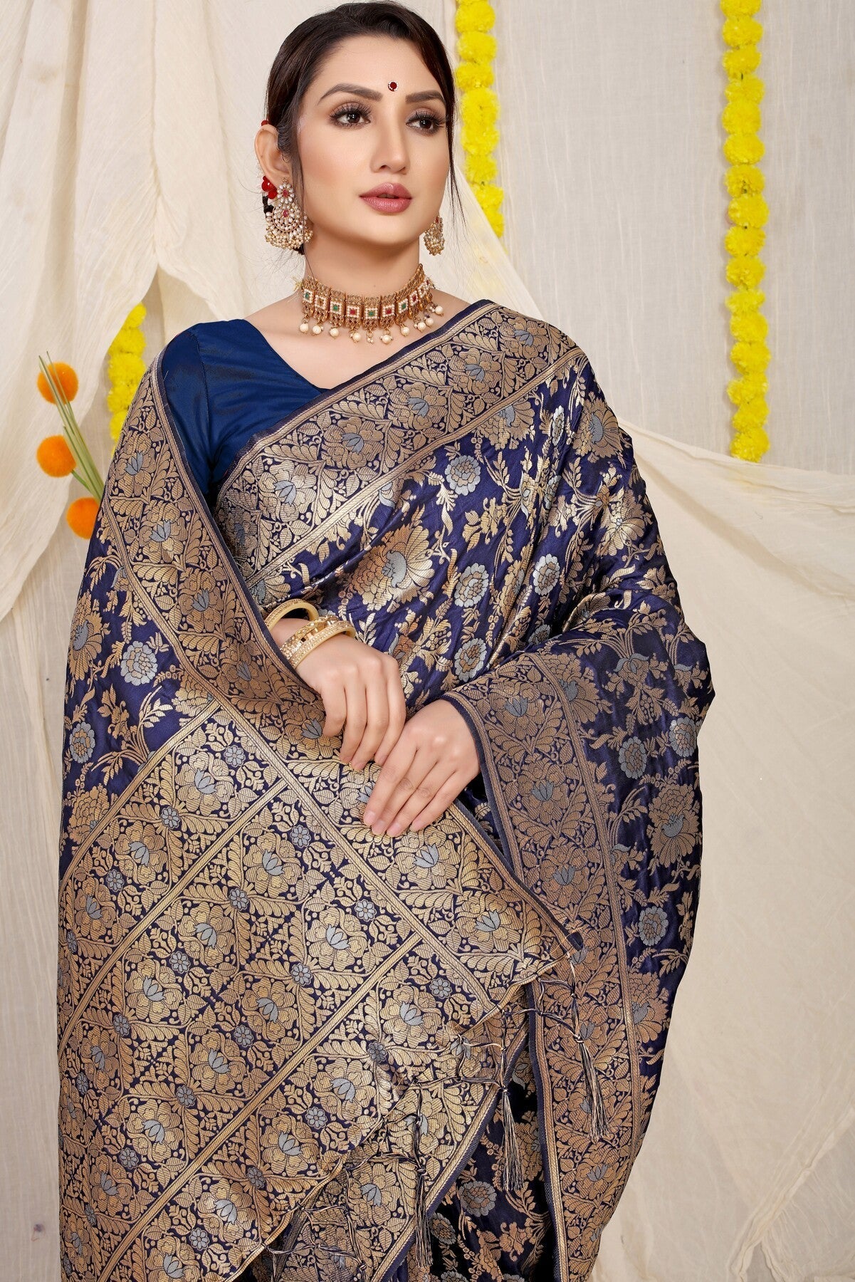 Capricious Navy Blue Banarasi Silk Saree With Fairytale Blouse Piece