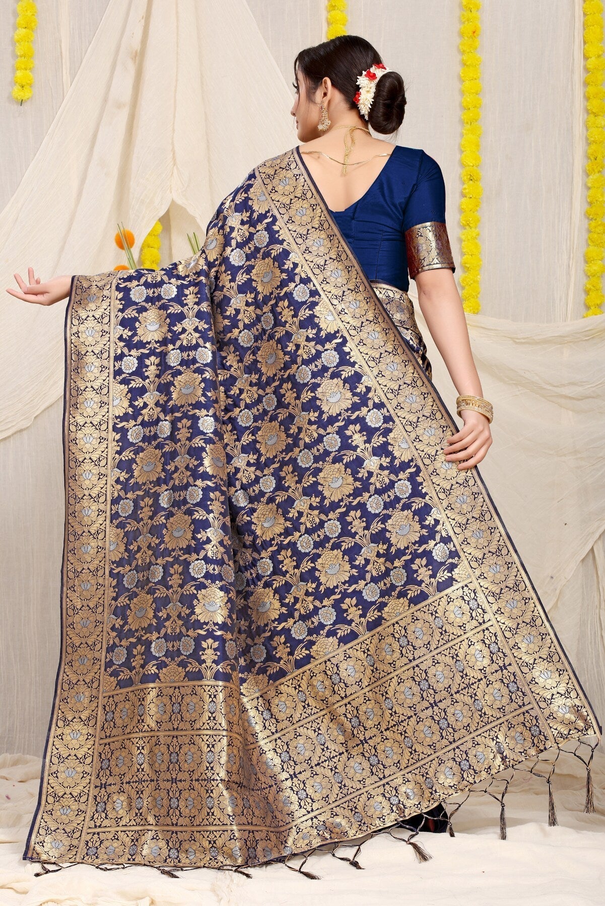 Capricious Navy Blue Banarasi Silk Saree With Fairytale Blouse Piece