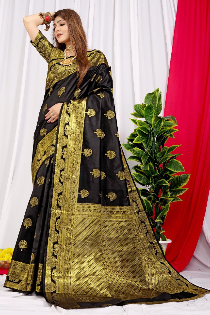 Classy Black Soft Banarasi Silk Saree With Supernal Blouse Piece