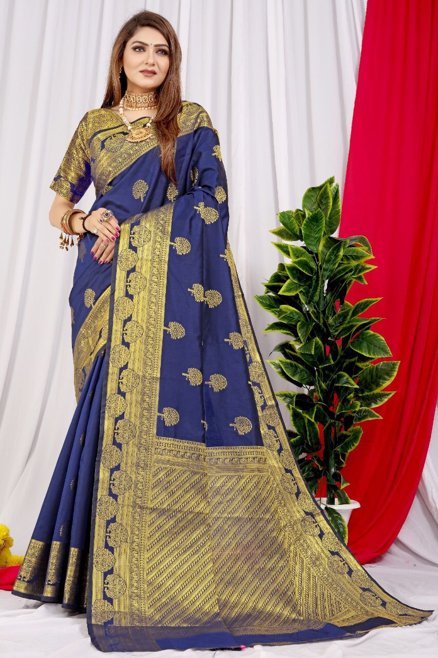 Dazzling Navy Blue Soft Banarasi Silk Saree With Supernal Blouse Piece