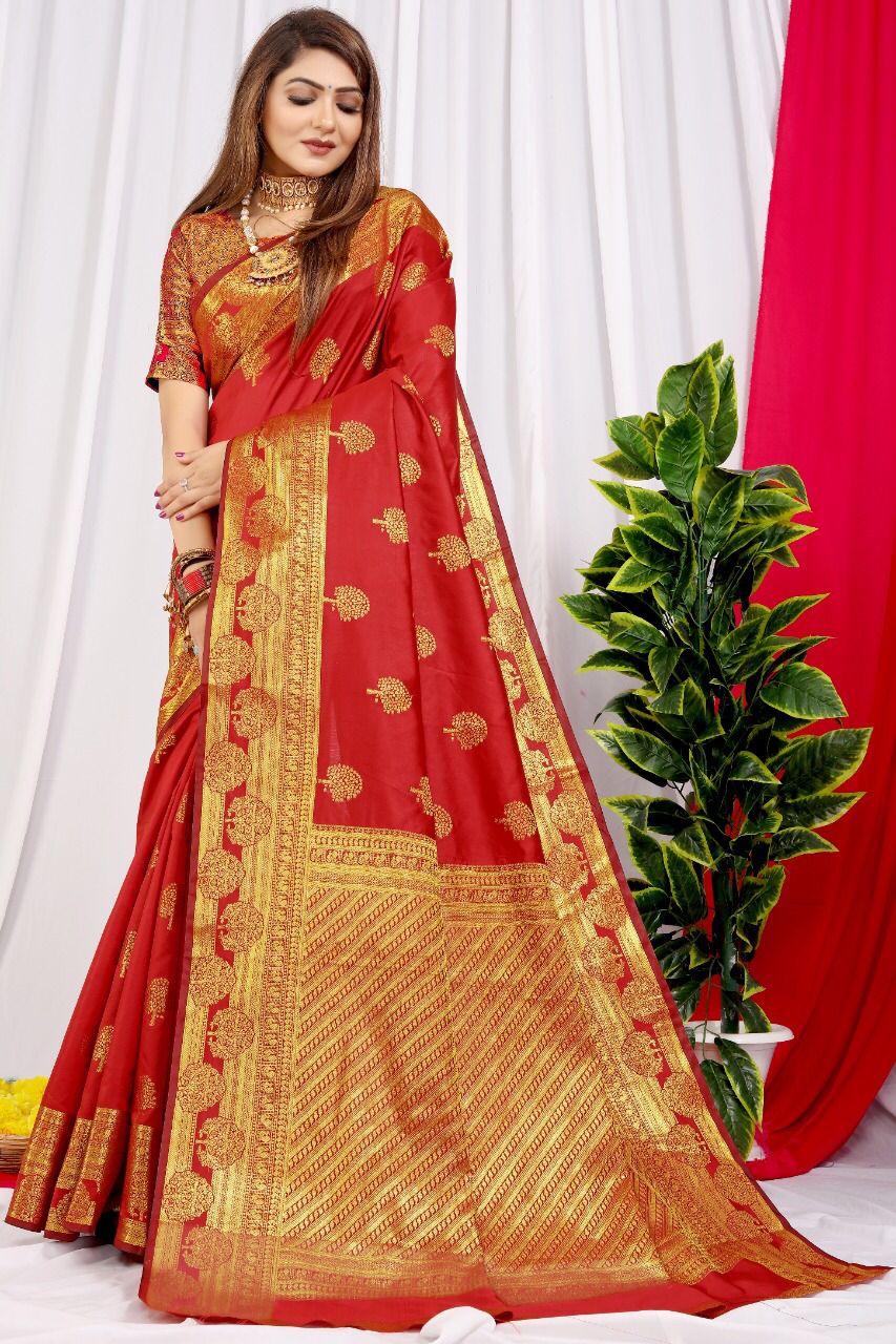 Majesty Red Soft Banarasi Silk Saree With Supernal Blouse Piece