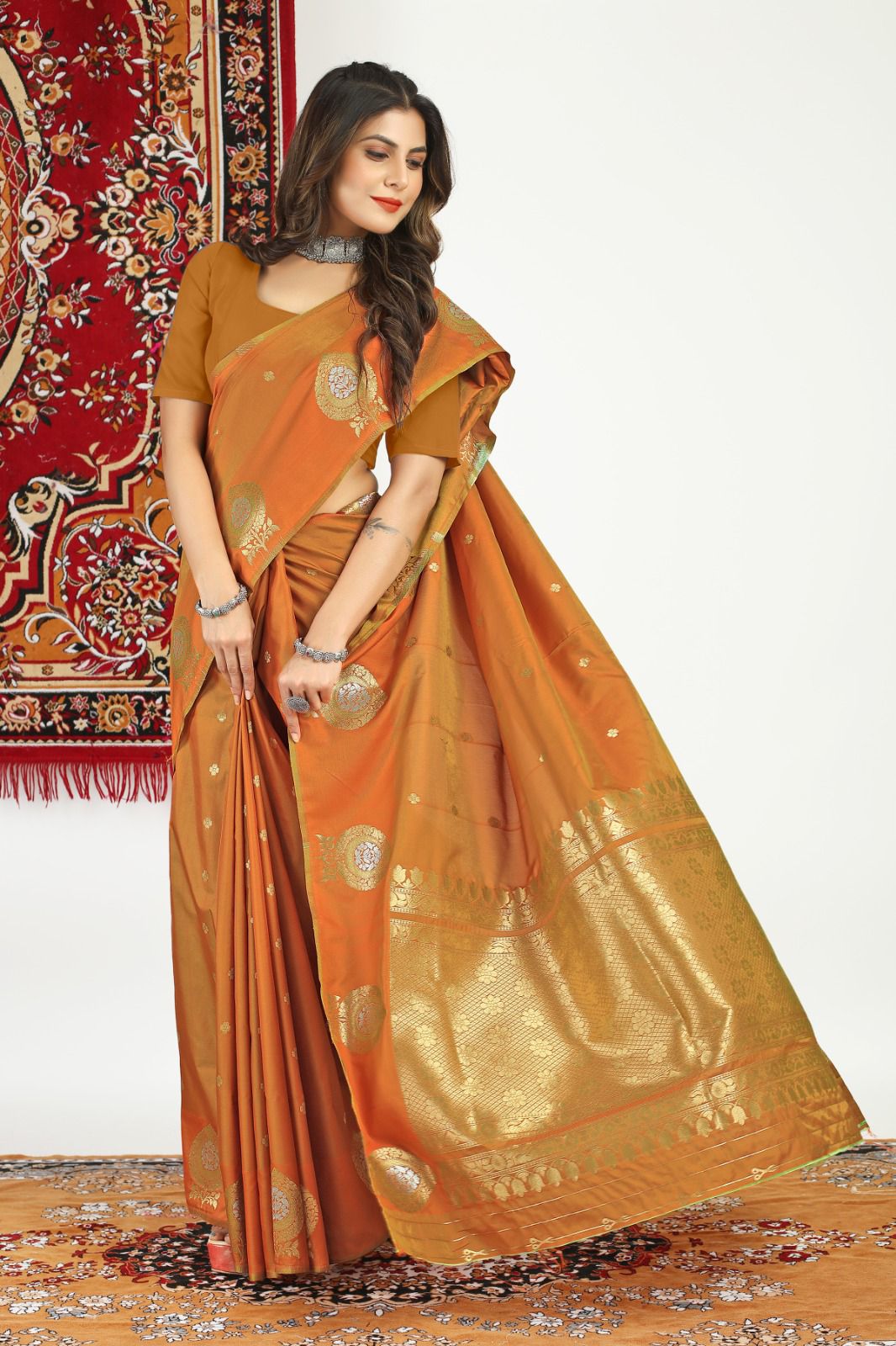 Beautiful Orange Banarasi Silk Saree With Demanding Blouse Piece