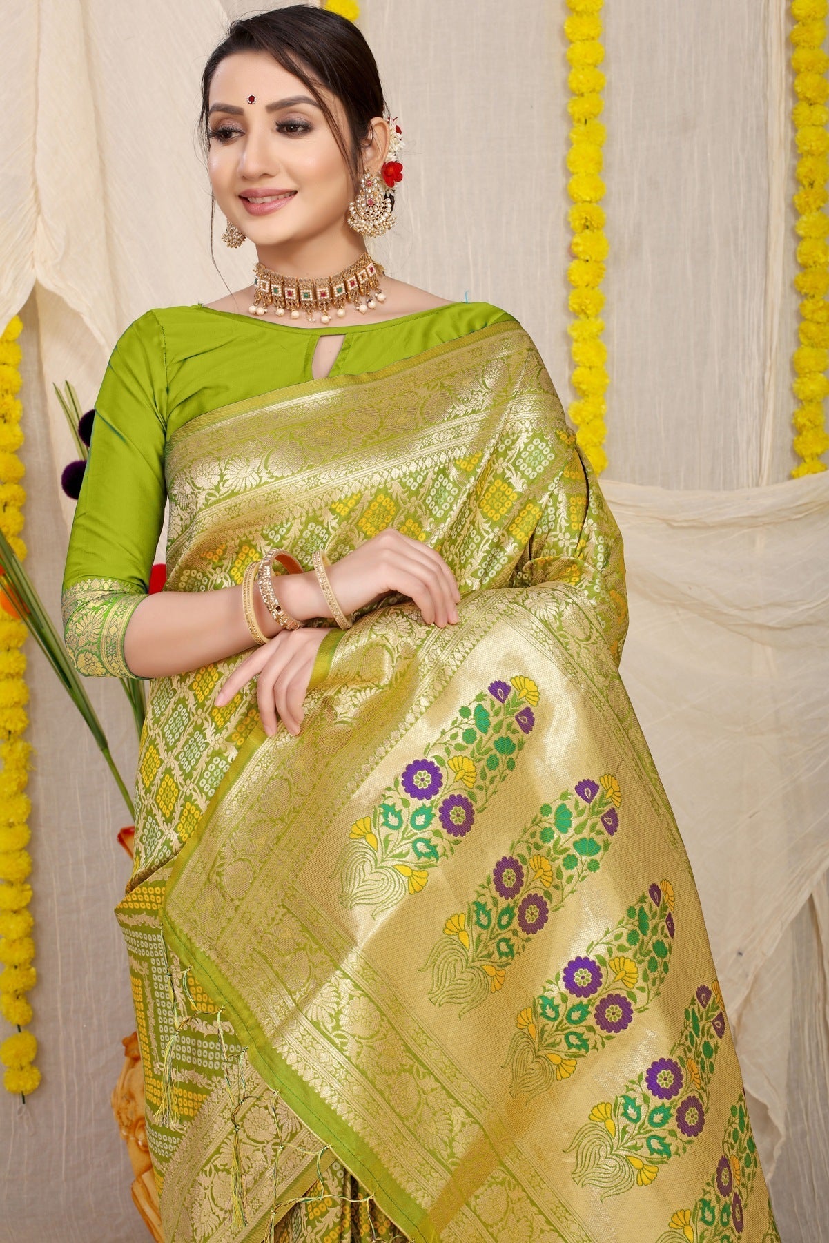 Improbable Mehndi Soft Banarasi Silk Saree With Beautiful Blouse Piece