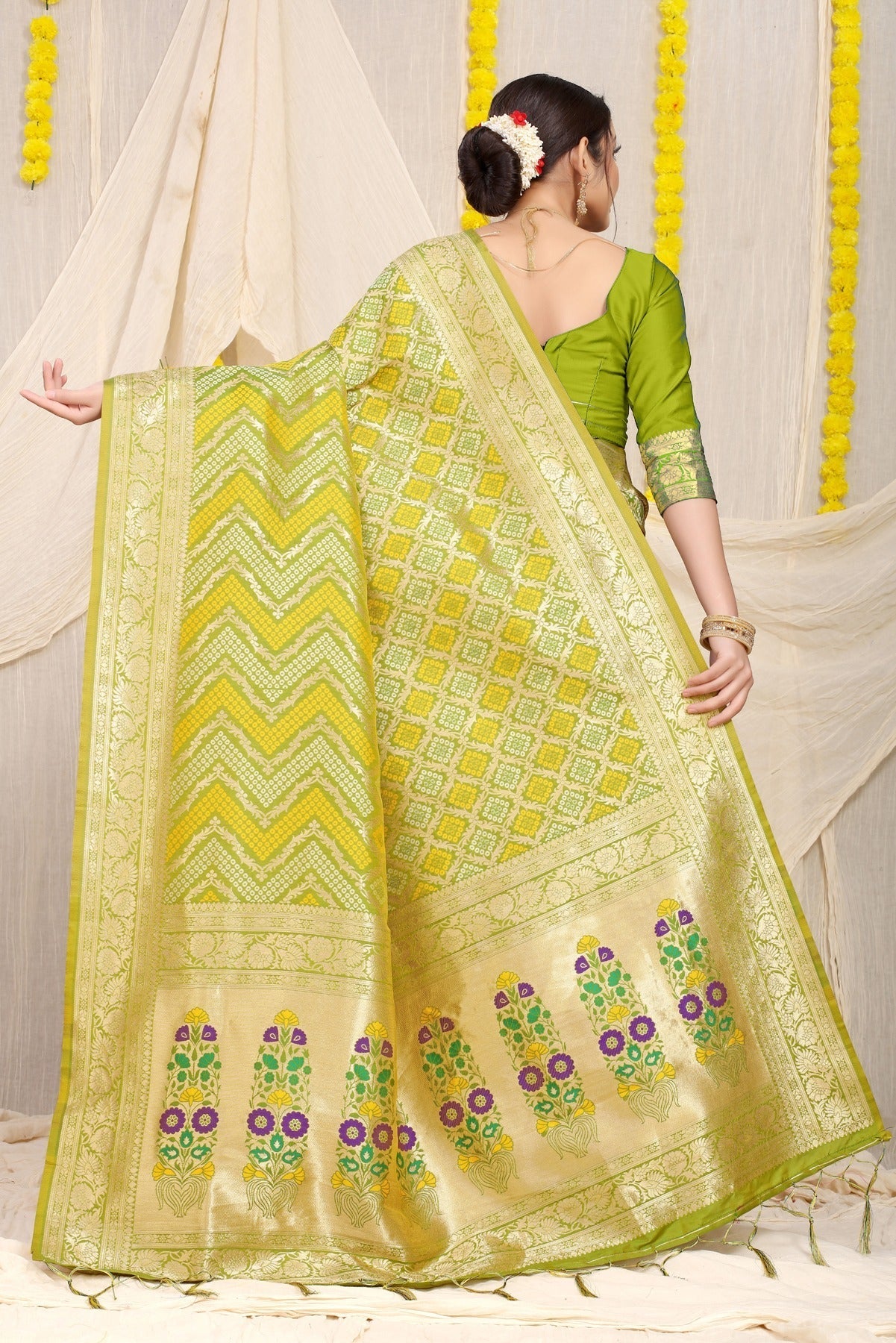 Improbable Mehndi Soft Banarasi Silk Saree With Beautiful Blouse Piece