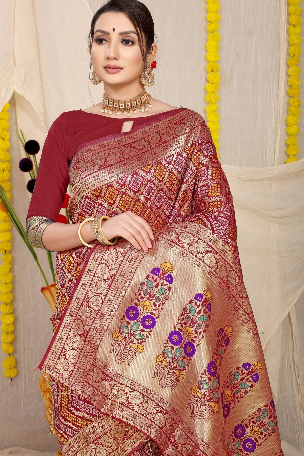 Lassitude Wine Soft Banarasi Silk Saree With Beautiful Blouse Piece