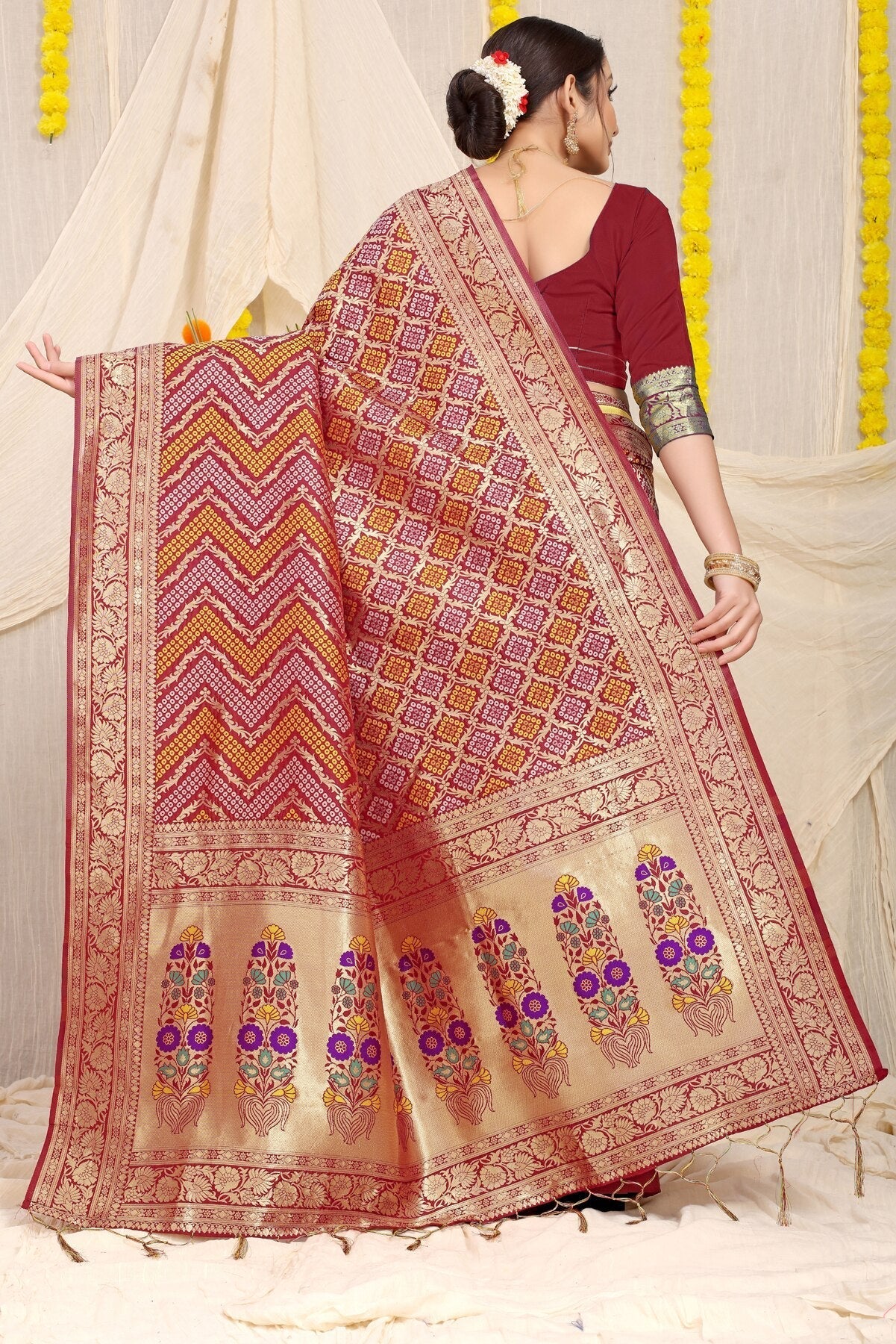 Lassitude Wine Soft Banarasi Silk Saree With Beautiful Blouse Piece