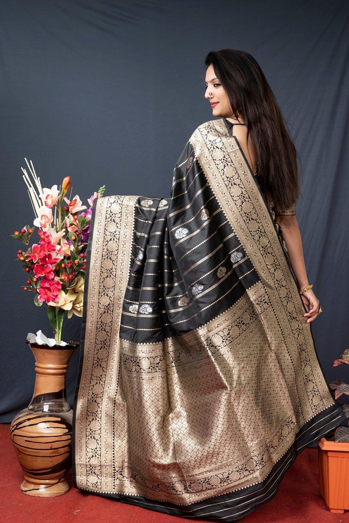 Extraordinary Black Banarasi Silk Saree With Pretty Blouse Piece