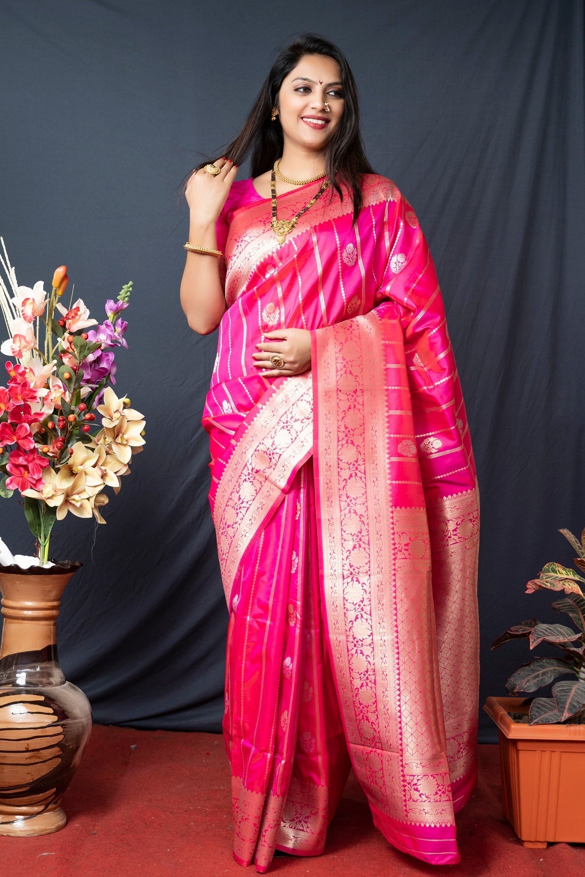 Energetic Dark Pink Banarasi Silk Saree With Pretty Blouse Piece