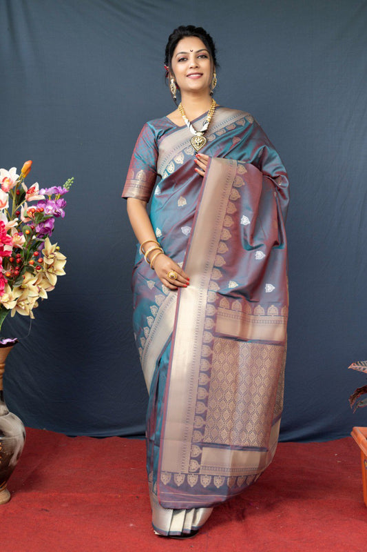 Gratifying Grey Banarasi Silk Saree With Classic Blouse Piece