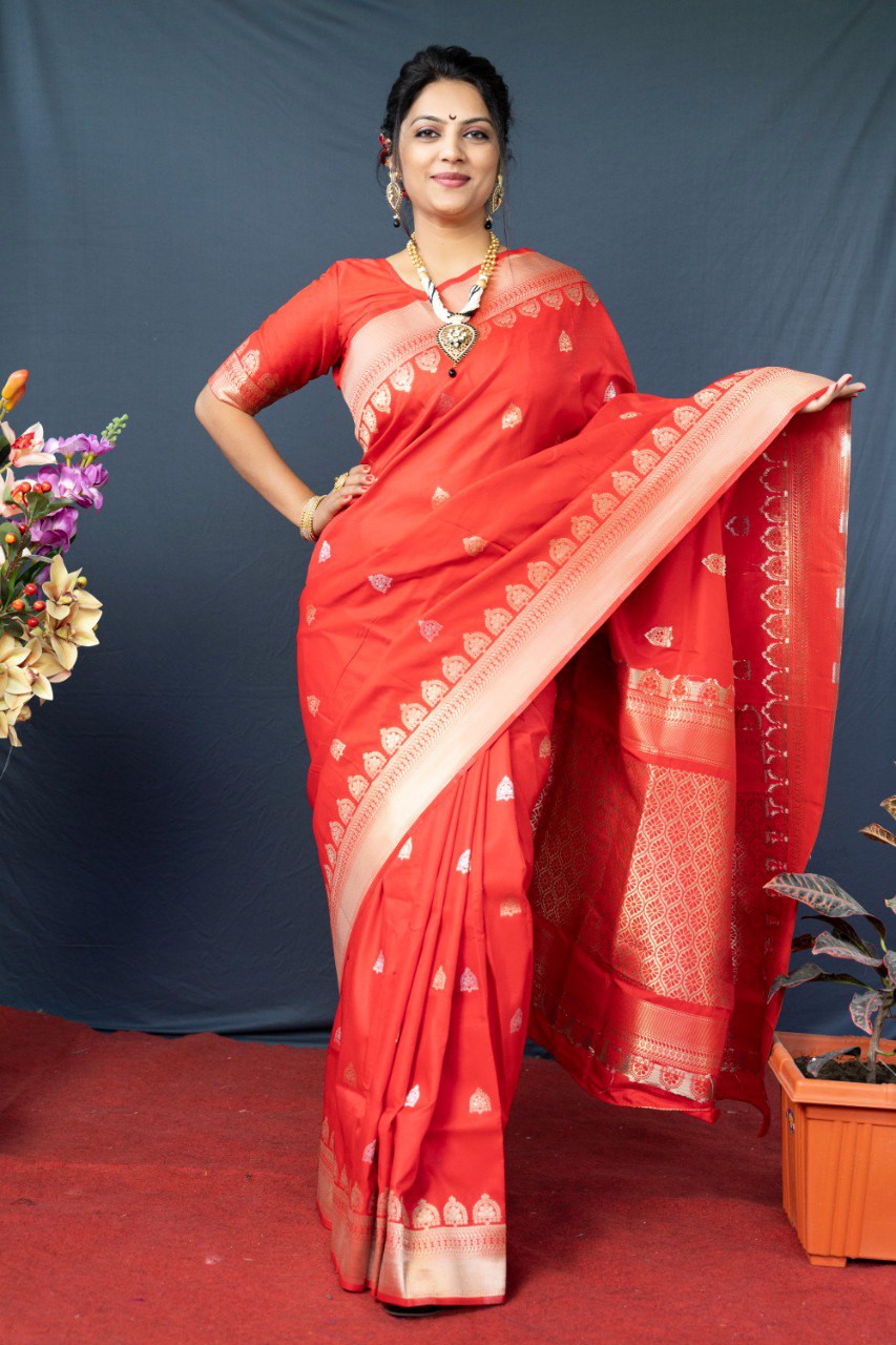 Invaluable Red Banarasi Silk Saree With Classic Blouse Piece