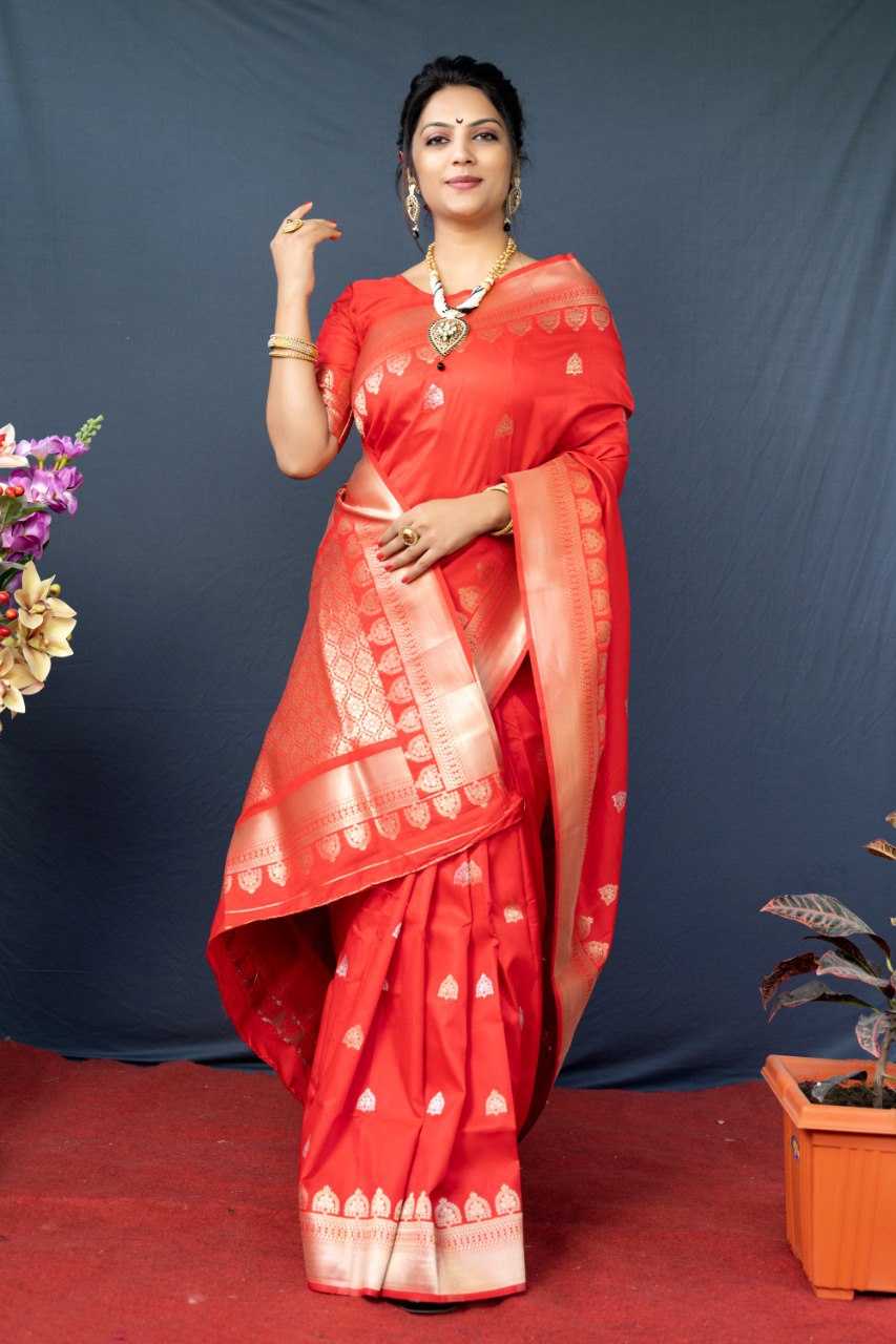 Invaluable Red Banarasi Silk Saree With Classic Blouse Piece