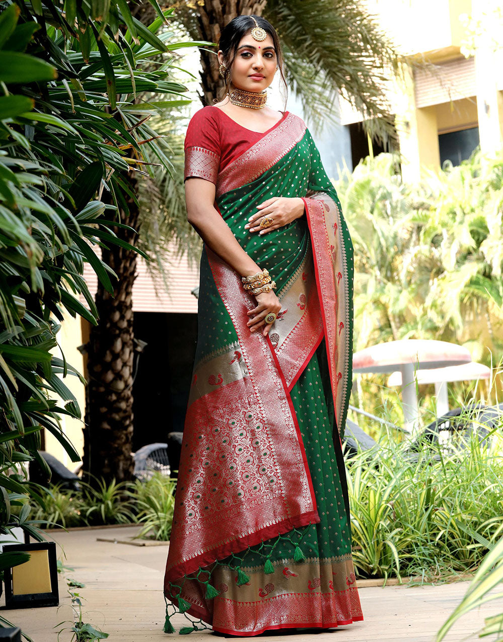 Green Banarasi Silk Saree With Zari Weaving Work