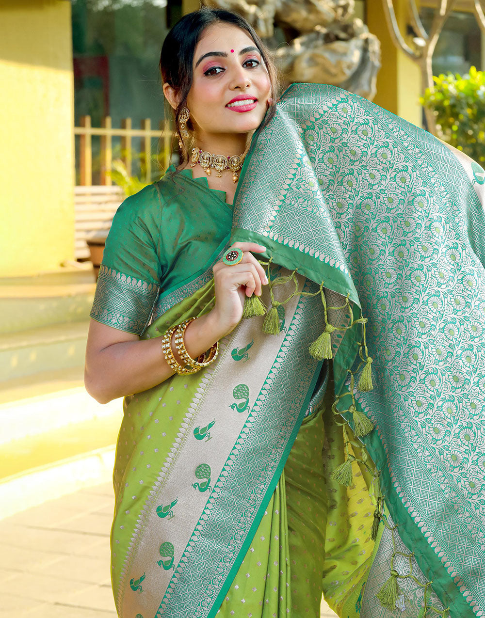 Light Lime Green Banarasi Silk Saree With Zari Weaving Work