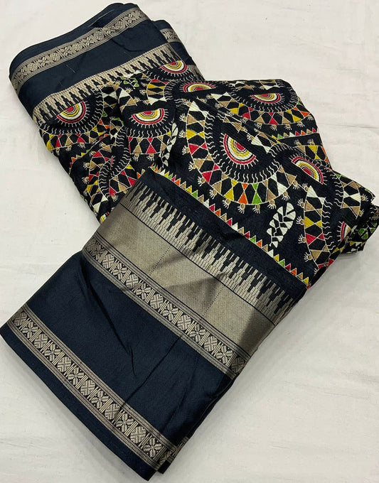 Black Dola Silk Saree With Printed Work