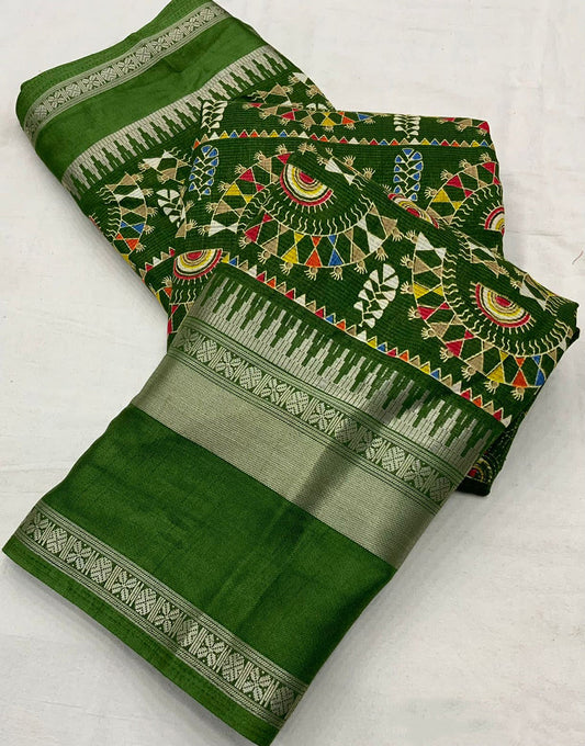 Green Dola Silk Saree With Printed Work