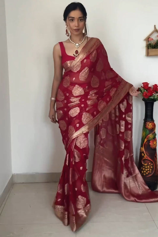 Alluring 1-Minute Ready To Wear Red Cotton Silk Saree