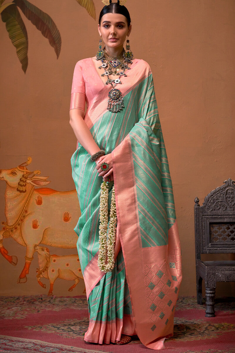 Luxuriant Sea Green Soft Banarasi Silk Saree With Tremendous Blouse Piece