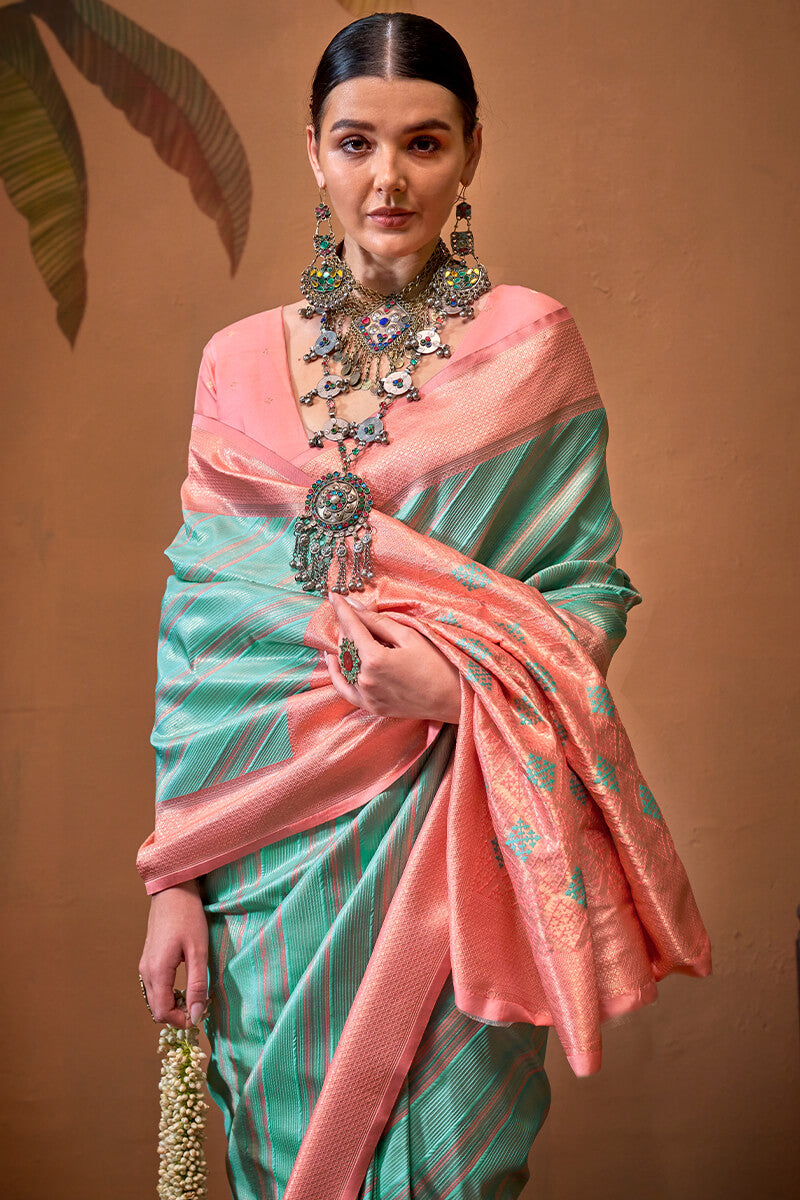 Luxuriant Sea Green Soft Banarasi Silk Saree With Tremendous Blouse Piece