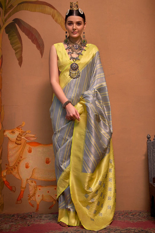 Exquisite Grey Soft Banarasi Silk Saree With Winsome Blouse Piece