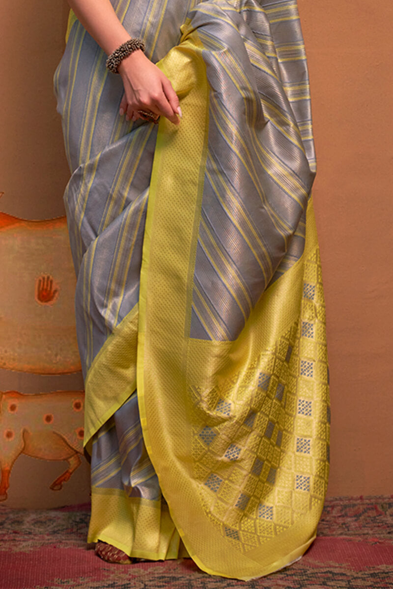 Exquisite Grey Soft Banarasi Silk Saree With Winsome Blouse Piece