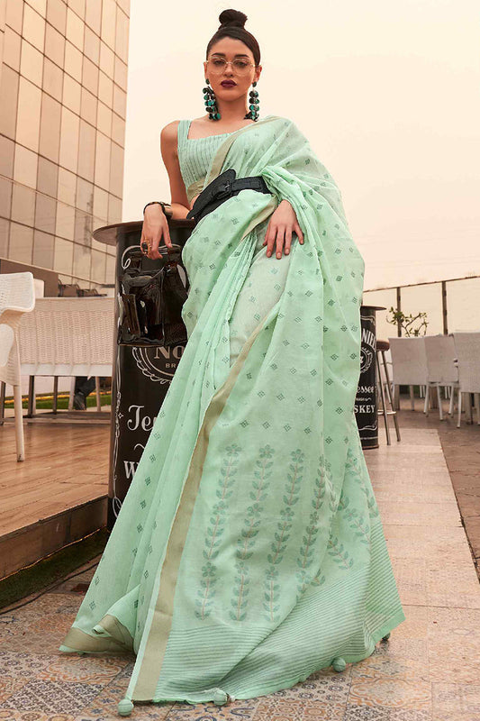 Fairytale Sea Green Cotton Silk Saree With Delightful Blouse Piece