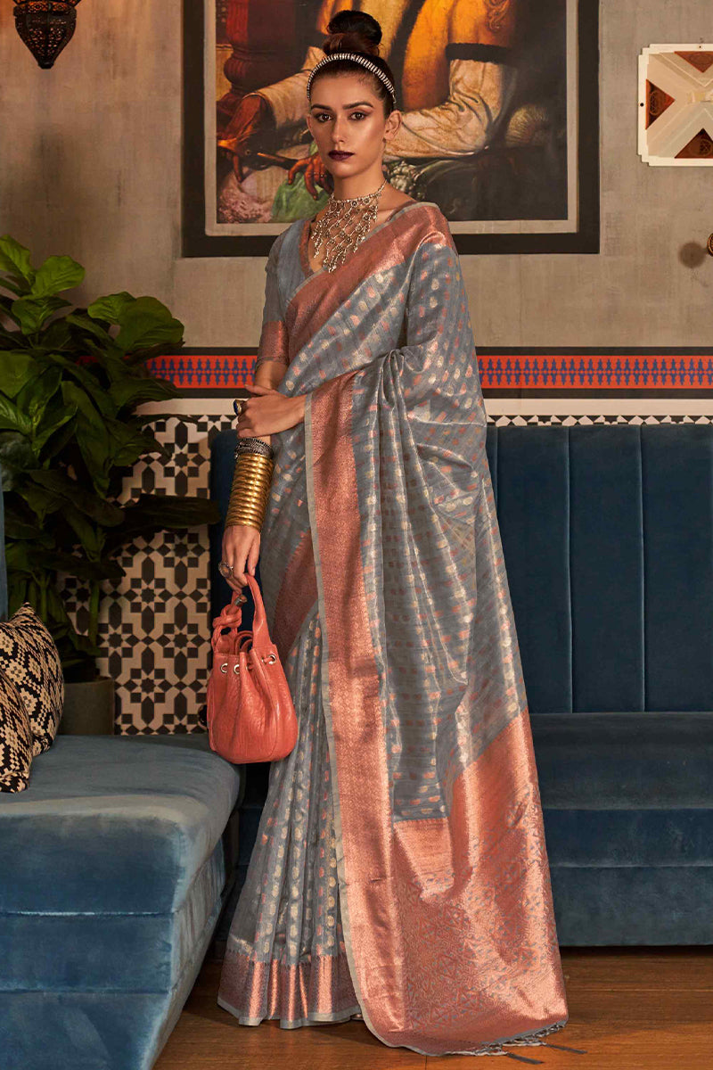 Brood Grey Soft Banarasi Silk Saree With Mellifluous Blouse Piece