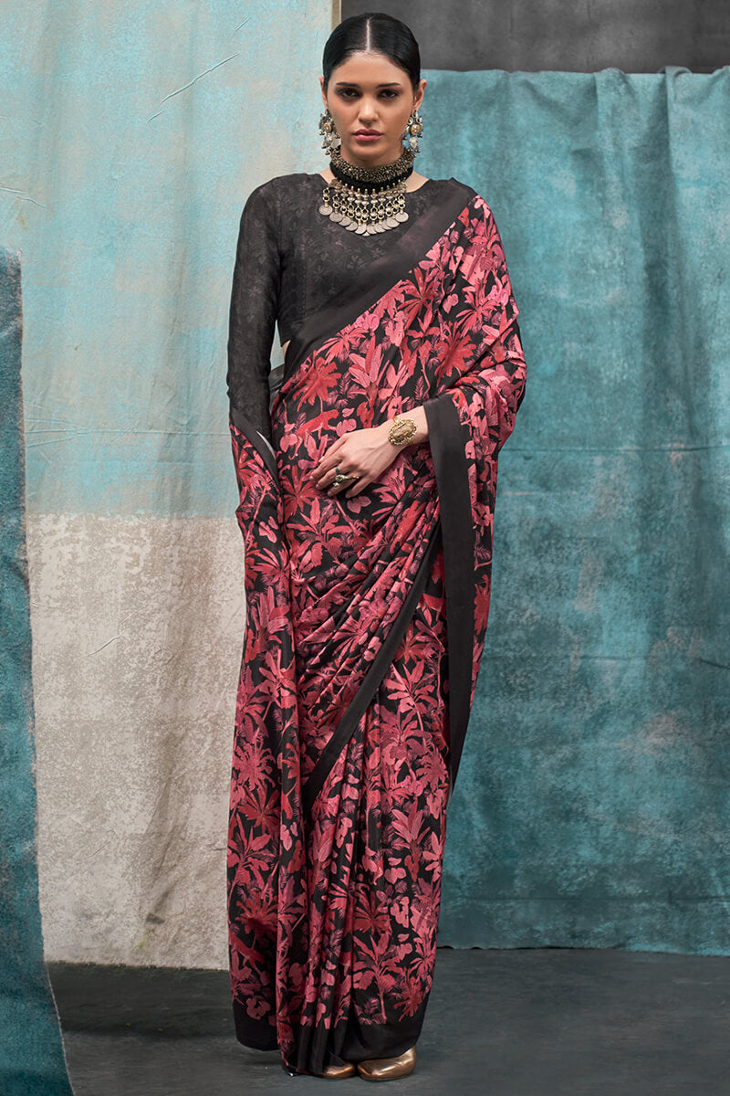 Attractive Maroon Digital Printed Crape Silk Saree With Elegant Blouse Piece