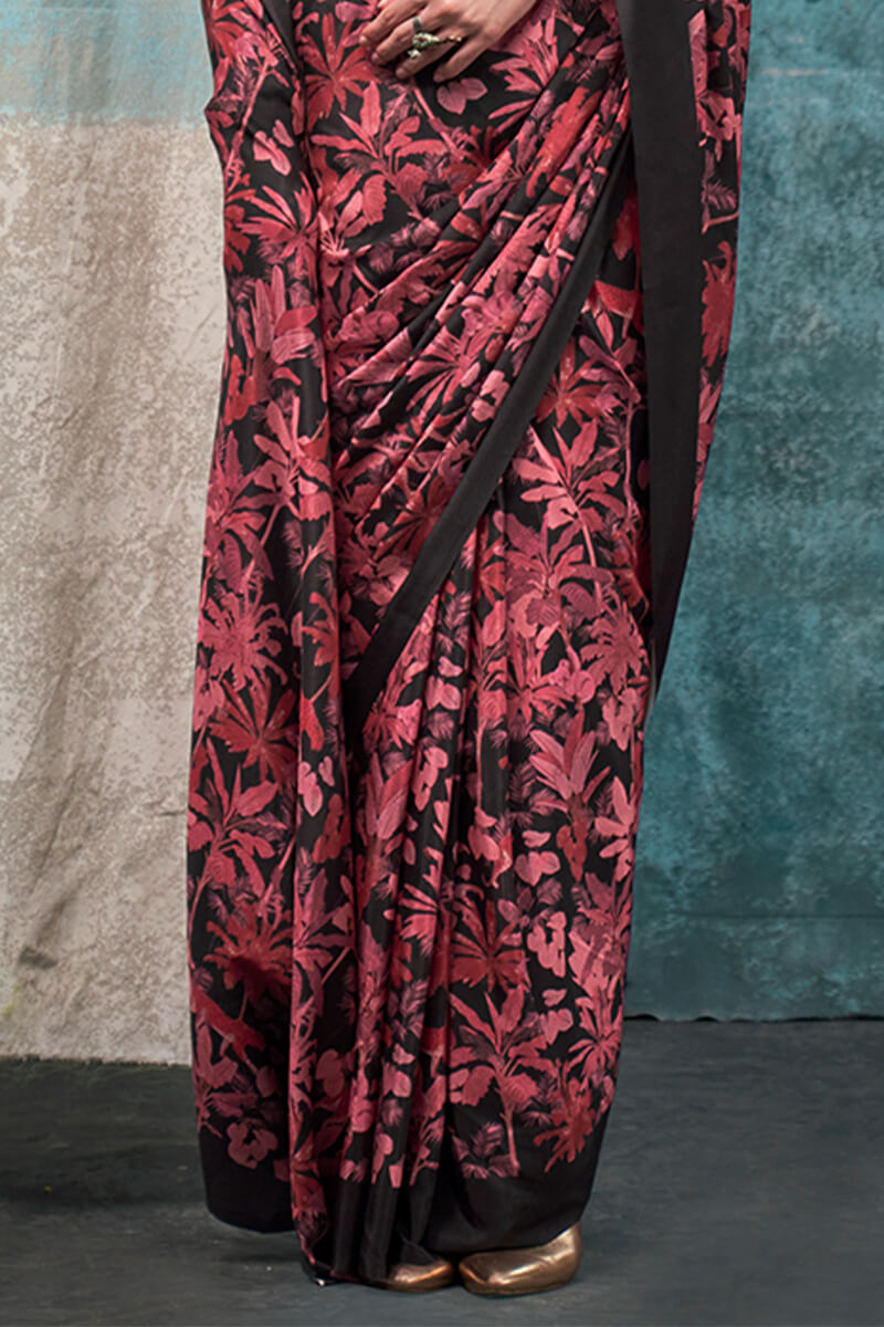 Attractive Maroon Digital Printed Crape Silk Saree With Elegant Blouse Piece