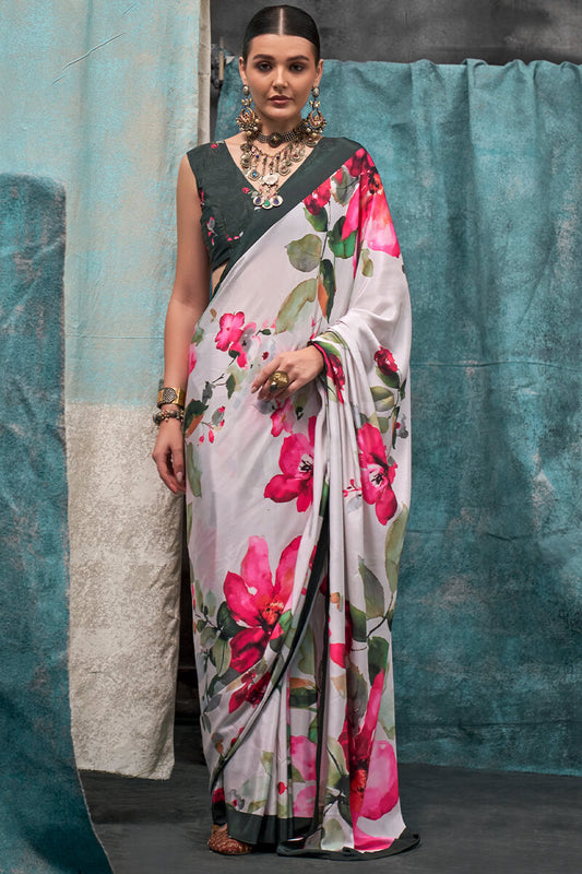 Allure Beige Digital Printed Crape Silk Saree With Opulent Blouse Piece