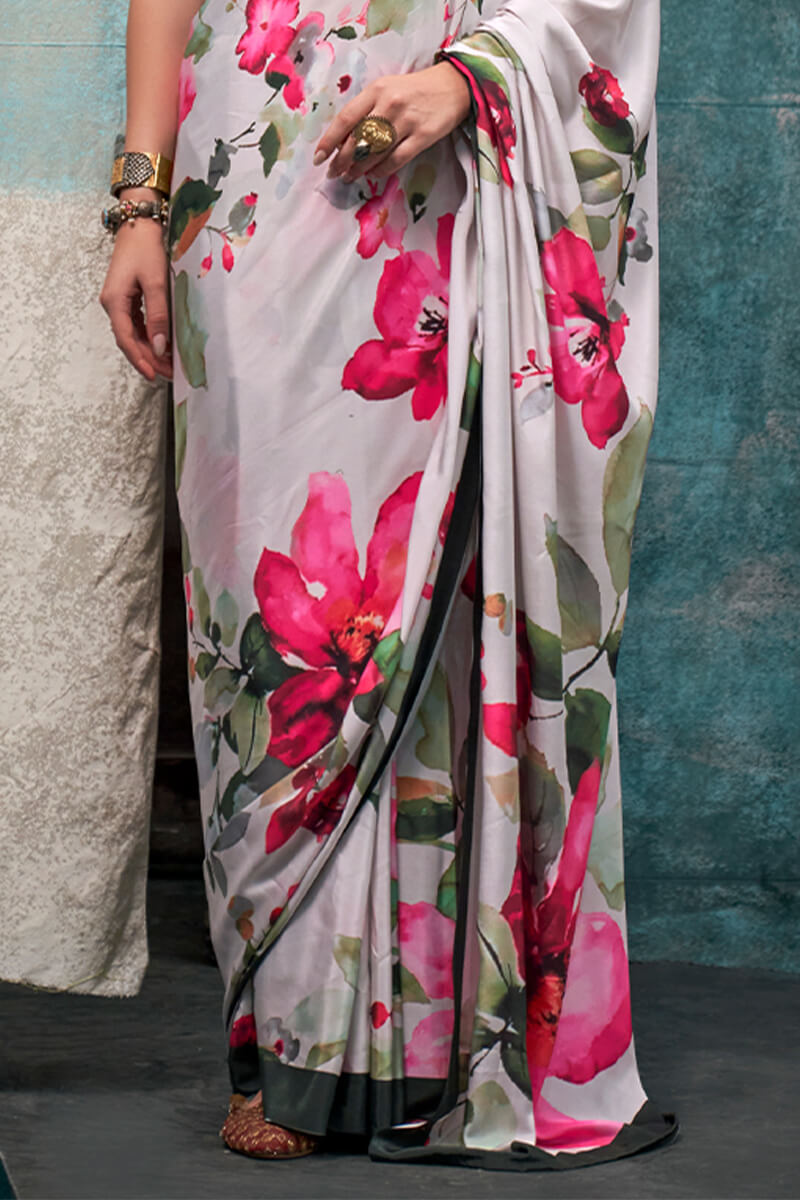 Allure Beige Digital Printed Crape Silk Saree With Opulent Blouse Piece