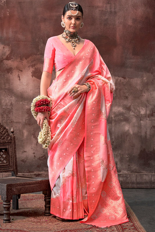 Ideal Baby Pink Soft Banarasi Silk Saree With Exuberant Blouse Piece