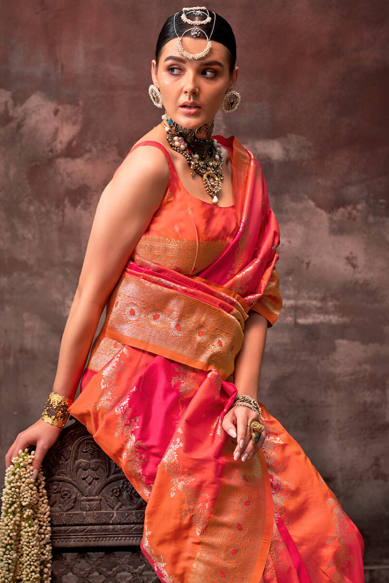 Lassitude Orange Soft Banarasi Silk Saree With Nemesis Blouse Piece