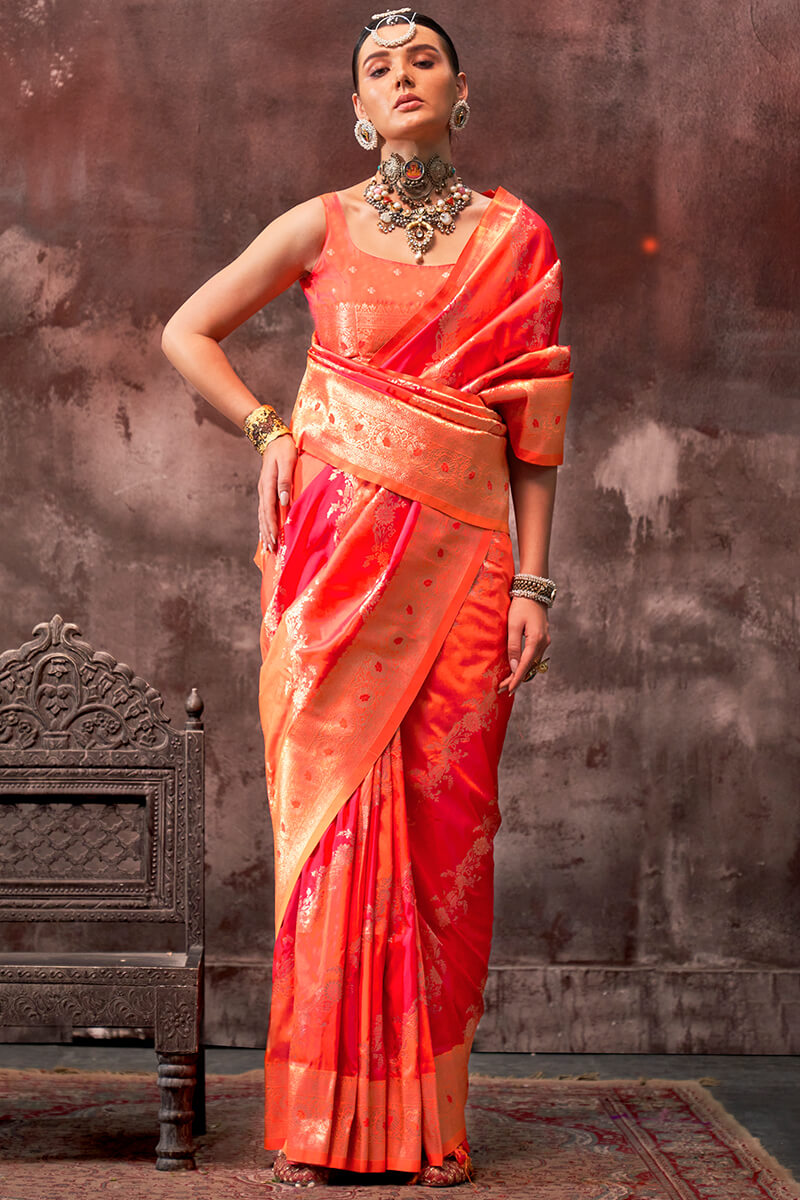 Lassitude Orange Soft Banarasi Silk Saree With Nemesis Blouse Piece