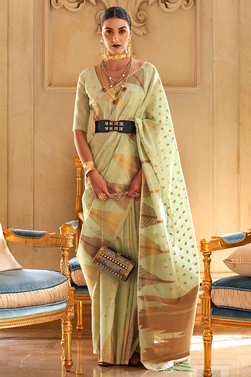 Entrancing Pista Soft Banarasi Silk Saree With Eloquence Blouse Piece