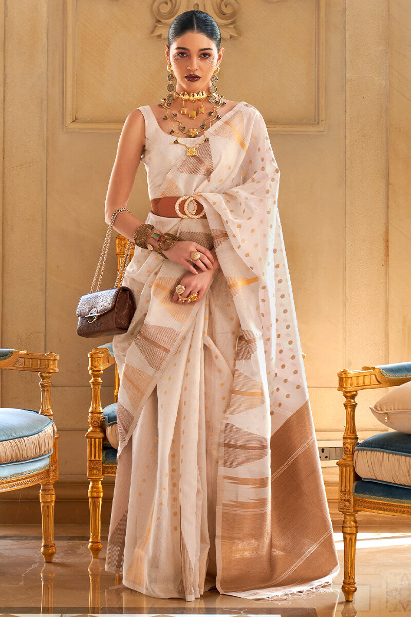 Denouement Beige Soft Banarasi Silk Saree With Sempiternal Blouse Piece