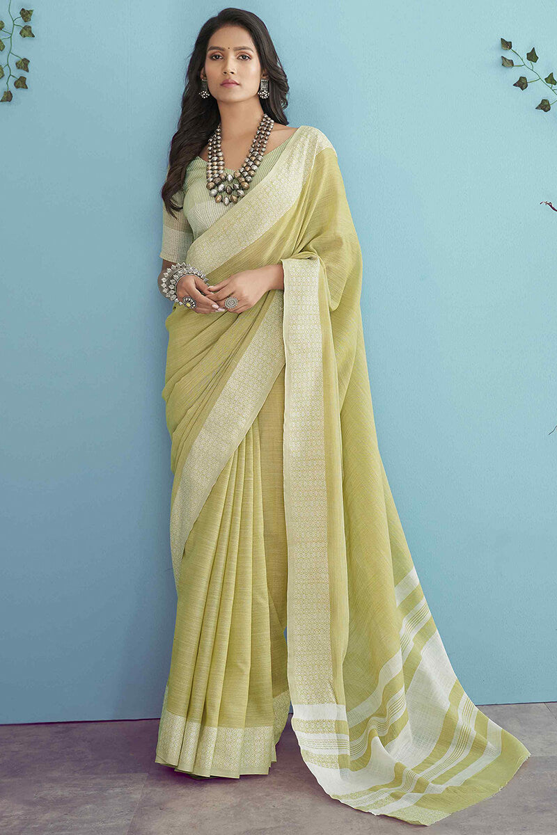 Adorable Lemon Lucknowi Silk Saree With Flameboyant Blouse Piece