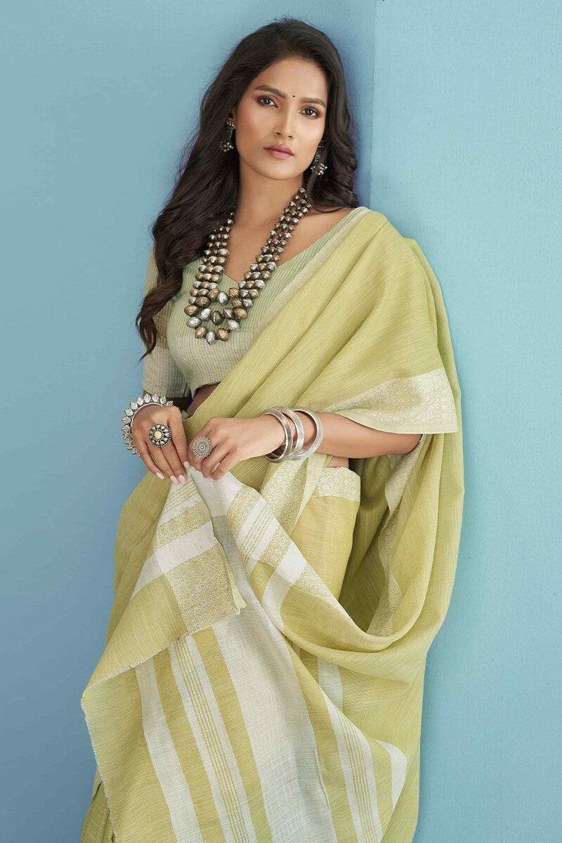 Adorable Lemon Lucknowi Silk Saree With Flameboyant Blouse Piece