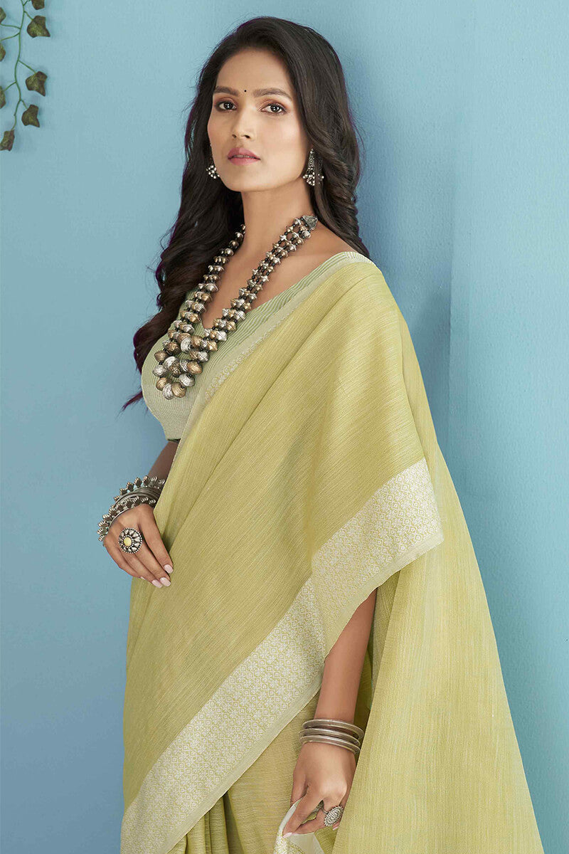 Adorable Lemon Lucknowi Silk Saree With Flameboyant Blouse Piece