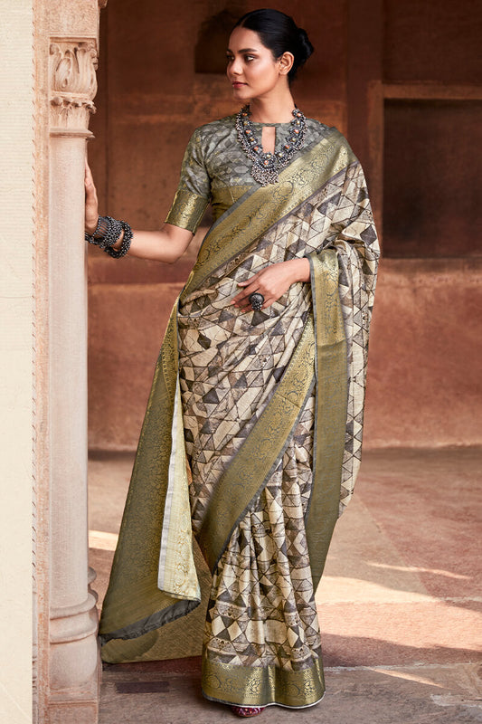 Fairytale Brown Digital Printed Soft Silk Saree With Winsome Blouse Piece