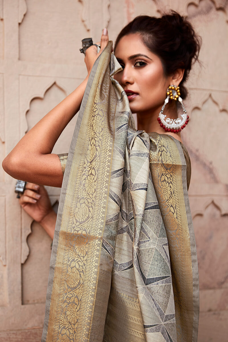 Fairytale Brown Digital Printed Soft Silk Saree With Winsome Blouse Piece