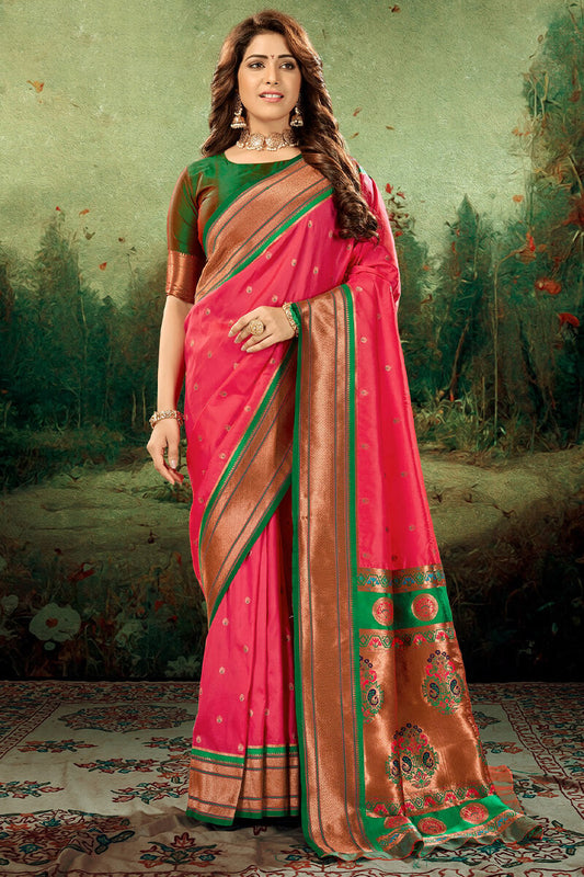 Felicitous Dark Pink Paithani Silk Saree With Fantabulous Blouse Piece