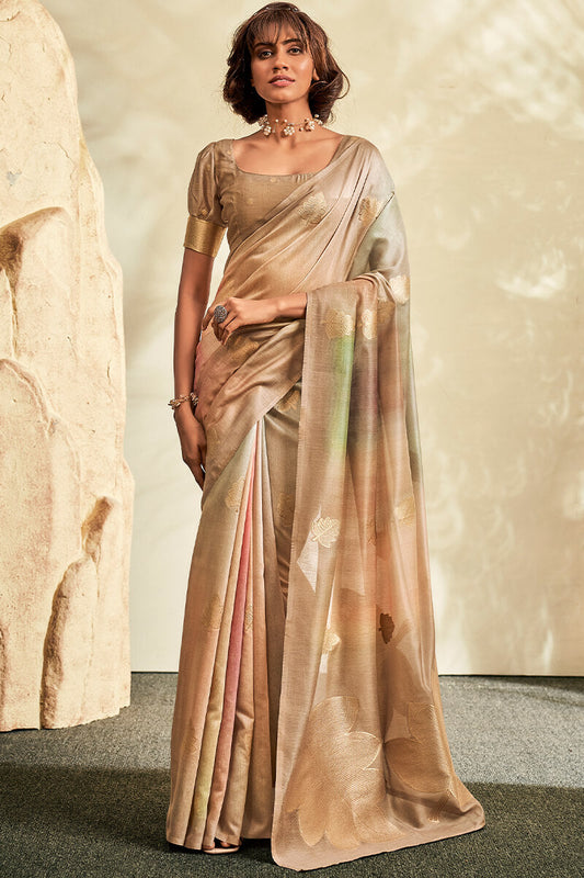 Intricate Beige Soft Banarasi Silk Saree With Majesty Blouse Piece