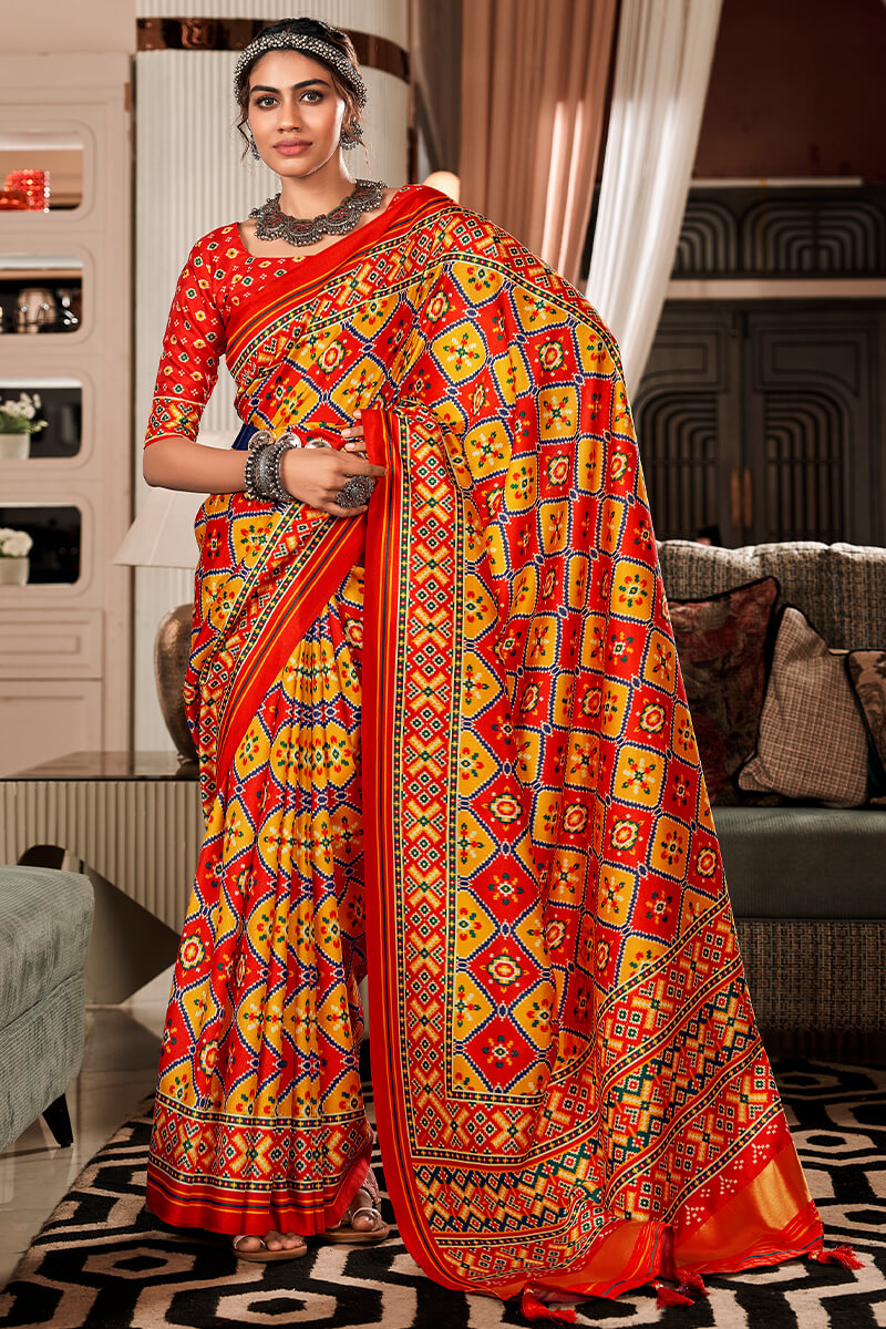 Evanescent Yellow and Red Patola Silk Saree with Imbrication Blouse Piece