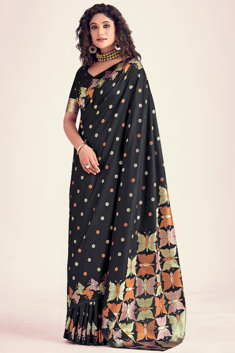 Eye-catching Black Soft Banarasi Silk Saree With Blooming Blouse Piece