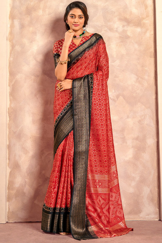 Exemplary Red Foil Printed Dola Silk Saree With Panache Blouse Piece