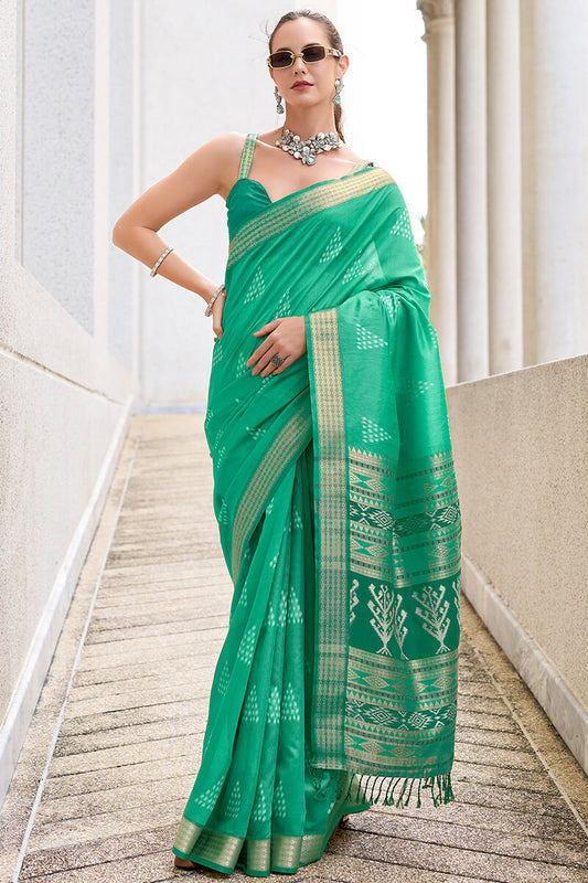 Exquisite Sea Green Soft Banarasi Silk Saree With Pulsating Blouse Piece